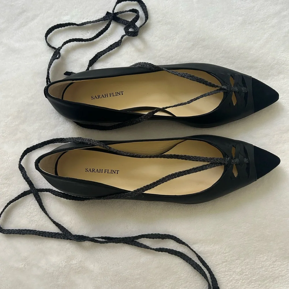 Sarah Flint Black Pointed-Toe Lace-Up Flats - Picture 2 of 9